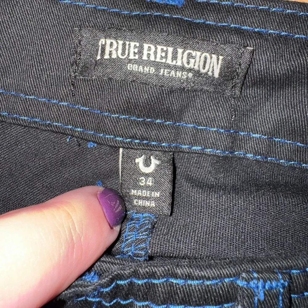 True Religion Mens Cargo Pants Jet Black‎ Pacific Blue Contrast Stitch Size 34